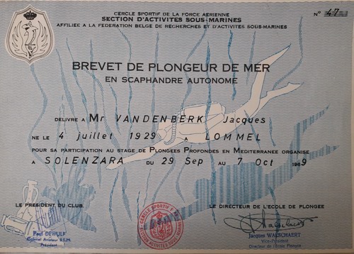 Brevet de plongeur de mer, Jacques Vandenberk - sept. oct. 1969