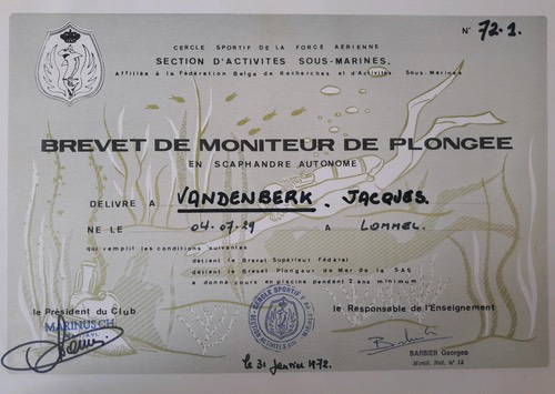 Brevet de moniteur de plongée - Jacques Vandenberk - jan. 1972